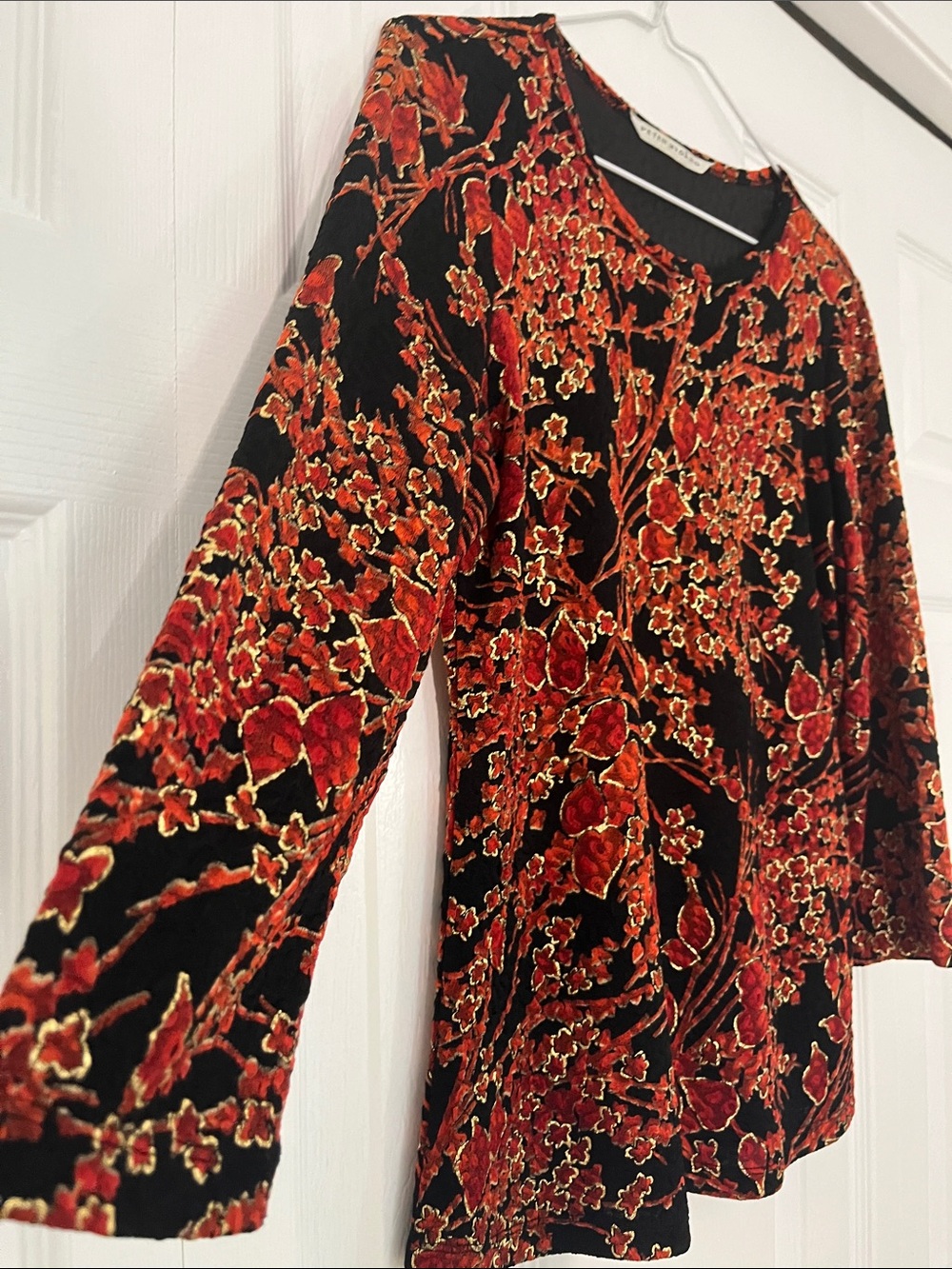 Peter Nygard Black and Red Floral Velvet 3/4 Sleeve Top - Picture 2 of 5